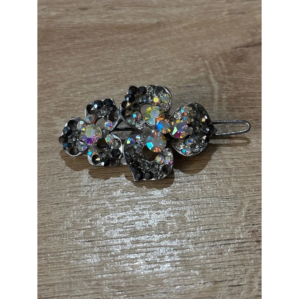 Vintage Silver Tone AB Iridescent Rhinestone Flower Hair Clip 2 